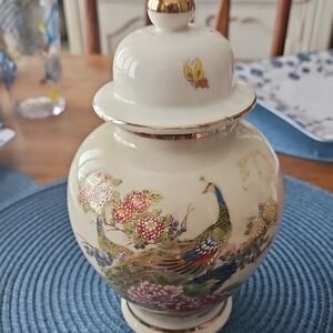 Porcelain Peacock Ginger Jar with Gold Trim